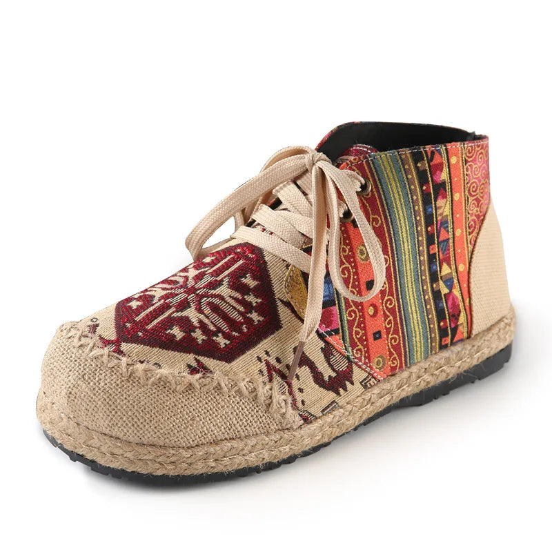 Boho Cotton Linen Canvas Round Toe Lace Up Cloth Shoes Size 35-44