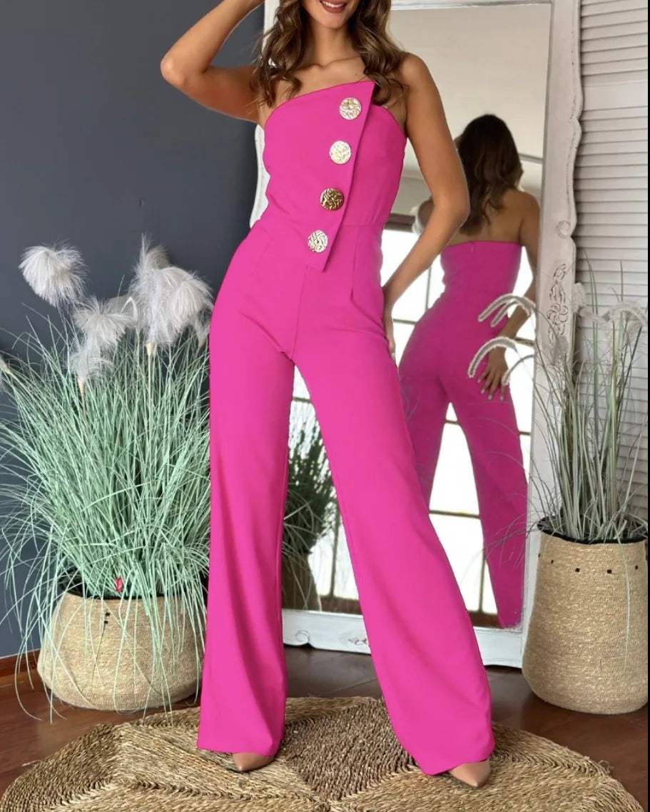 Asymmetrical Bandeau Strapless Jumpsuit Metal Buttons long pants, strapless