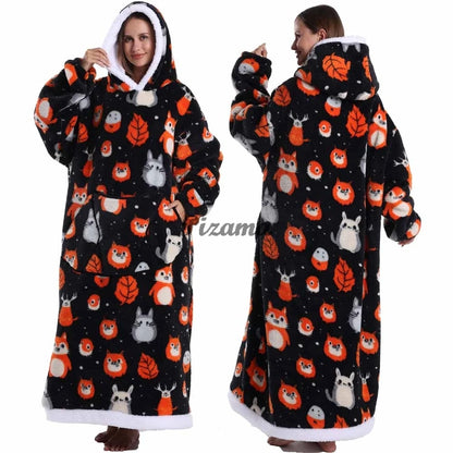 Super Long Flannel Pullover Night Shirt with Pocket and Hood, Super Snuggly for Men and Women, 12 Different Prints