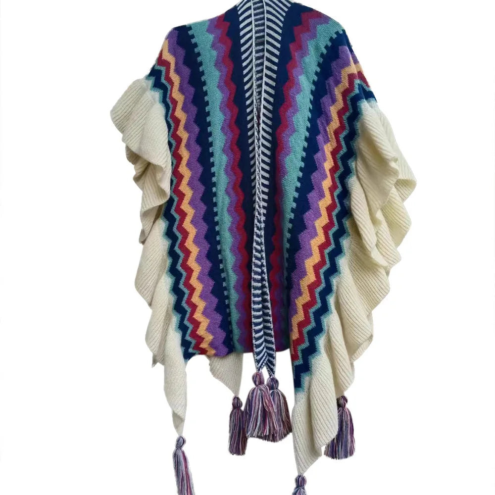 Vintage Bohemian Chic Capes Boho Ruffles Knitted Ethnic Design with Tassels