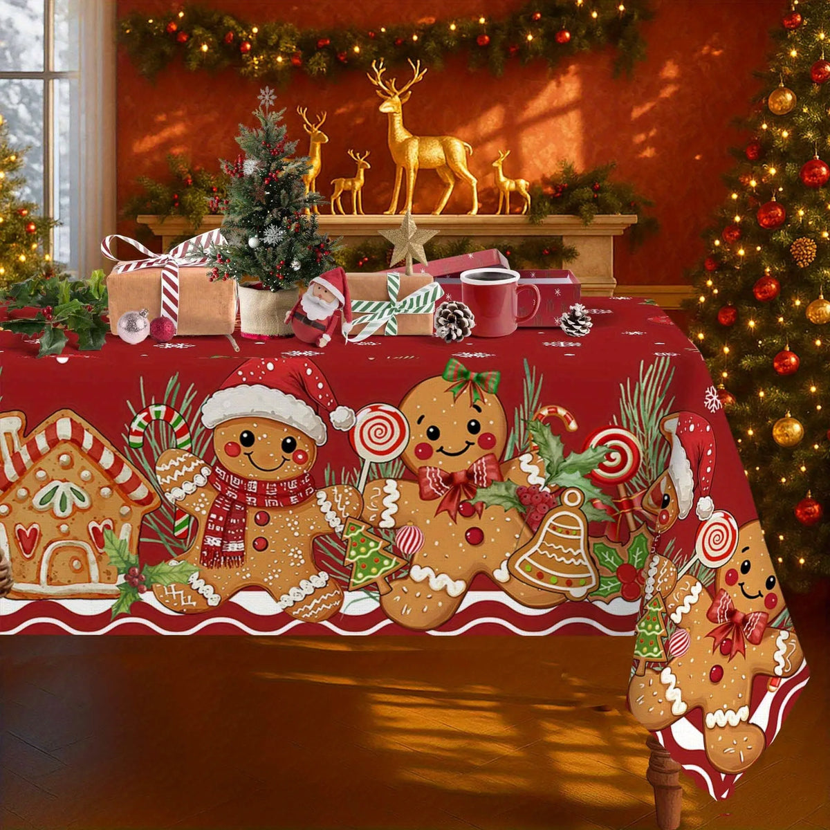 Festive Red Christmas Gingerbread Tablecloth