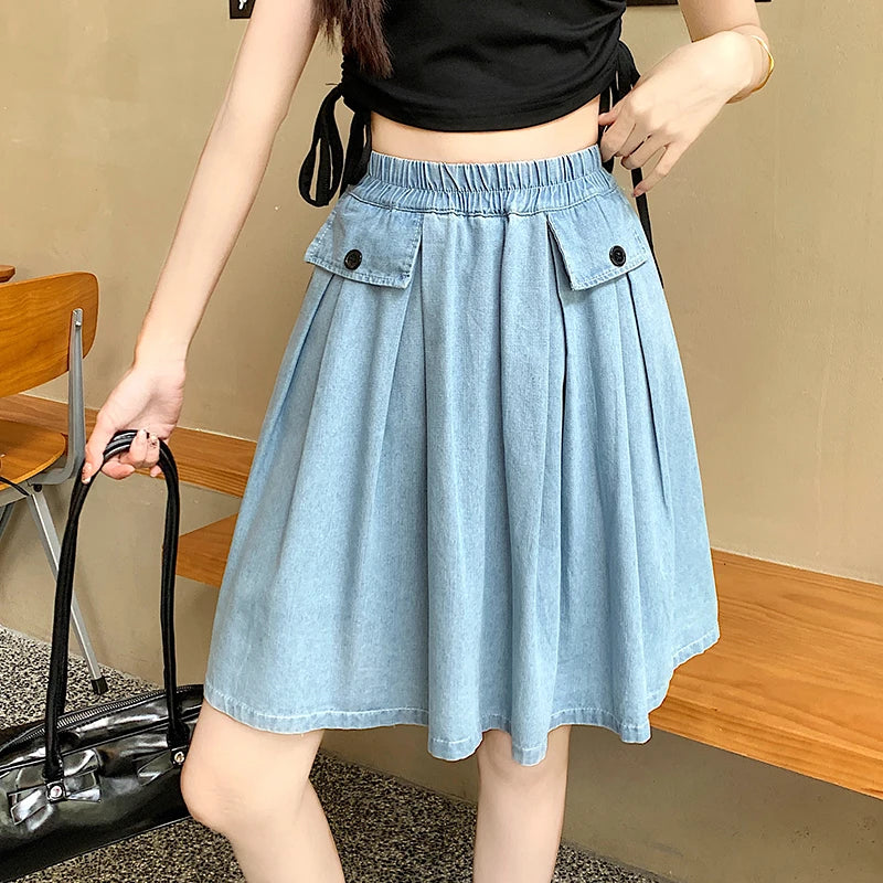 Sizes to 4XL, Casual, Loose A-line, Gathered Denim Skirt With Under-Shorts and Elastic Waist, Comfortable and Fashoinable