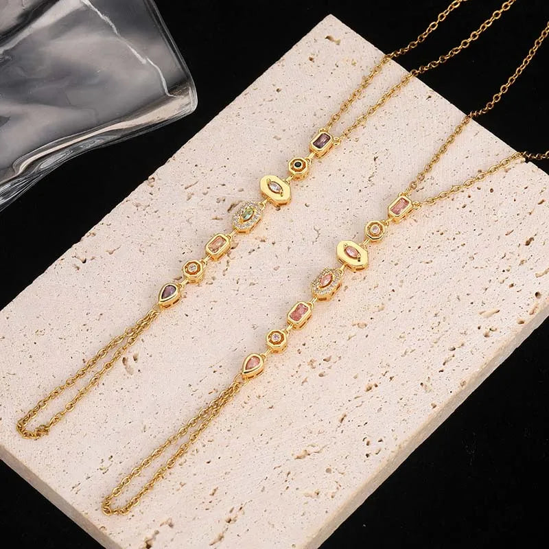 Stainless Steel Colorful Crystal Hand Chain Bracelet; Gold Color Water Drop Finger Bangle Bracelet