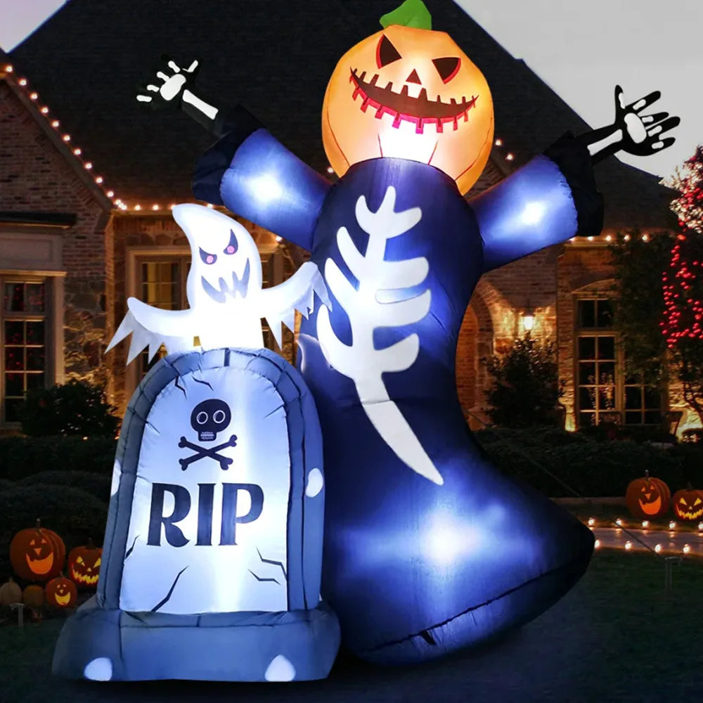 6.5 Feet Halloween Inflatable Pumpkin Ghost Tombstone, Decorations with Built-in LED Lights and Inflatable fan