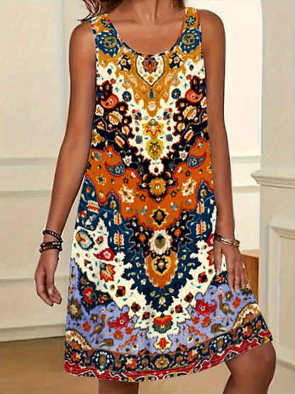 Bohemian Sleeveless Round, A Line Neck, Knee Length, Floral Midi Dress