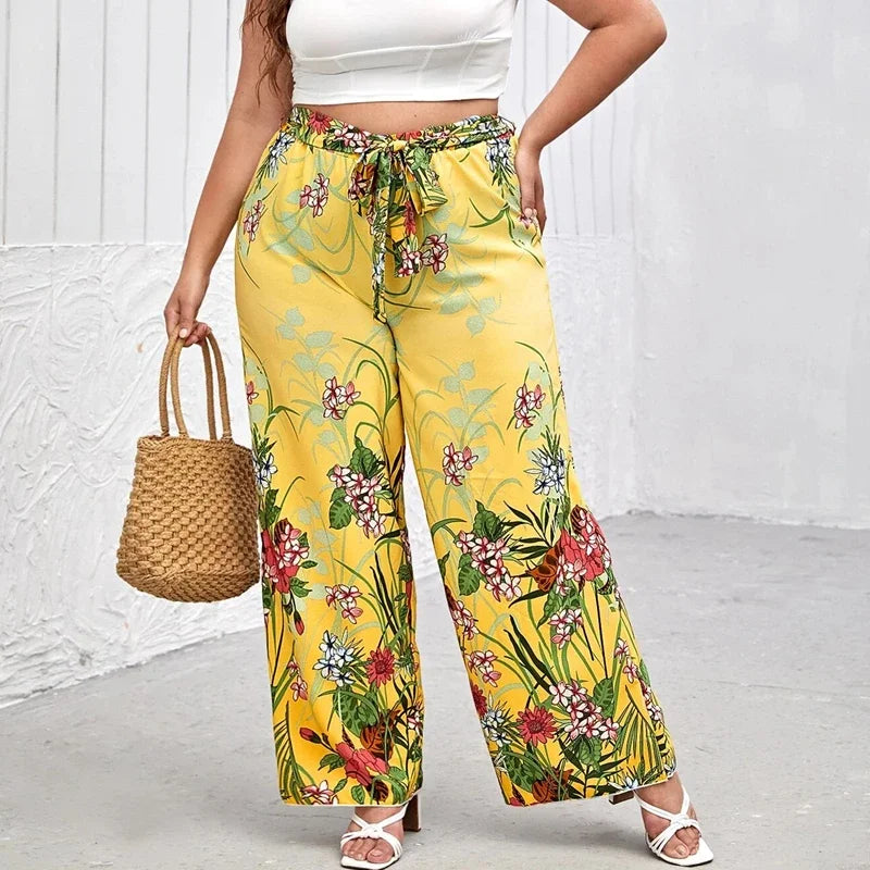 Sizes to 8XL!!!!       Boho Floral Print Summer Elegant Wide Leg Pants Elastic Waist with Sashes Casual Yellow