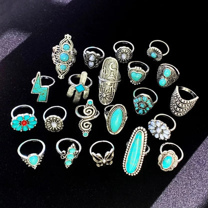 Tray of 20Pcs Vintage Bohemian Turquoise Stone Rings For Women Men Mix