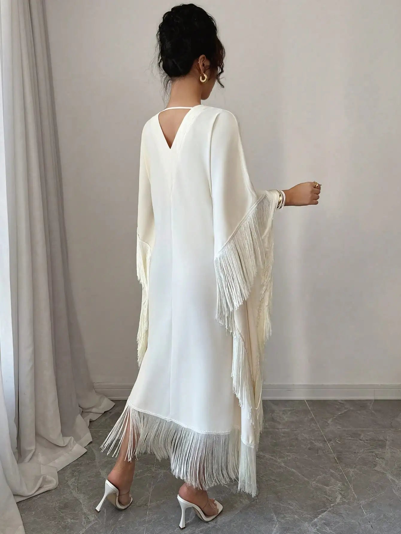 Boho Tassel Trim Maxi Dress, V Neck, Batwing Sleeves, Fringe Hem, Lightweight Flowy