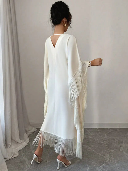 Boho Tassel Trim Maxi Dress, V Neck, Batwing Sleeves, Fringe Hem, Lightweight Flowy