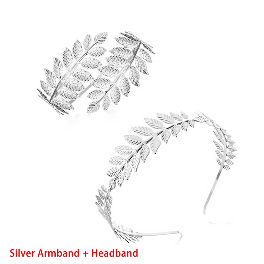 Greek Goddess Headband & Arm Bands Set For Women Laurel Wreath Crown Golden Leaf Headband For Roman Greek Accessories Cosplay