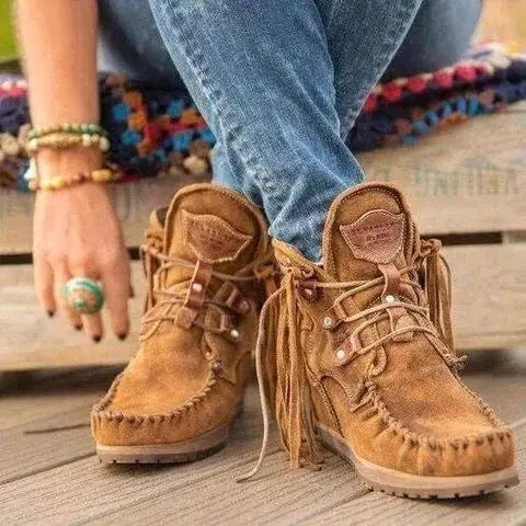 Lace-Up Boho Brushed Denim Ankle Boots with Ties and Tassels