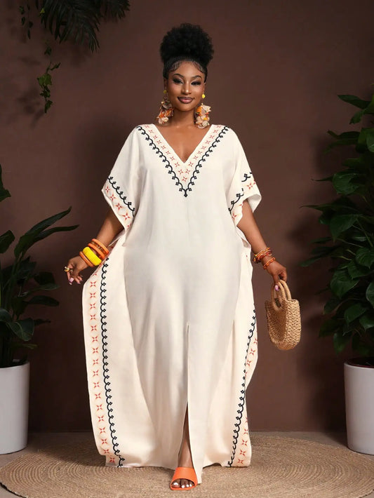 Elegant Loose Plus Size V-Neck Caftan Dress with Embroidered Trim