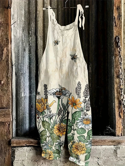 Sling Jumpsuit, Tie String Straps, Floral Printed, Wide Leg Pants, Casual Outdoor, Loose,  Comfortable, Breathable