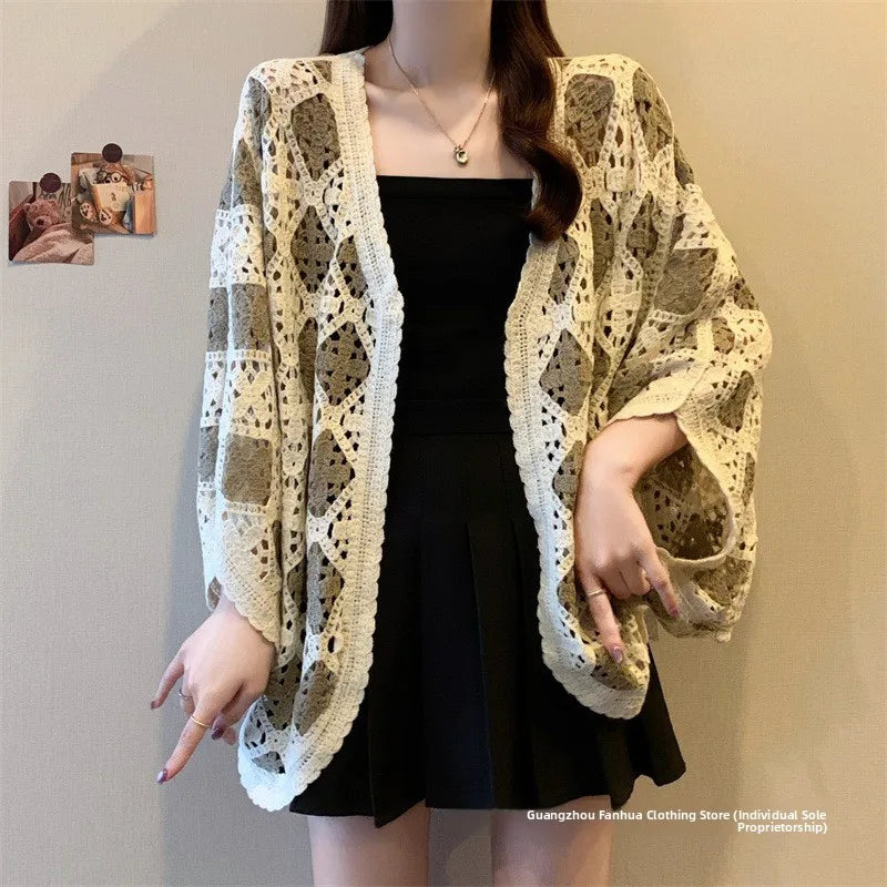 Bohemian Style Hollowed-out Long Sleeve Light Weight Sweater with V Neck and Batwing Sleeves