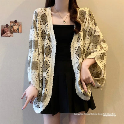 Bohemian Style Hollowed-out Long Sleeve Light Weight Sweater with V Neck and Batwing Sleeves