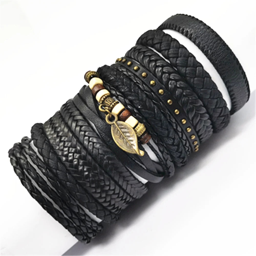 10 Pcs/set Black Wrapped and Woven Handmade Bracelets Male or Women Leather Bracelets