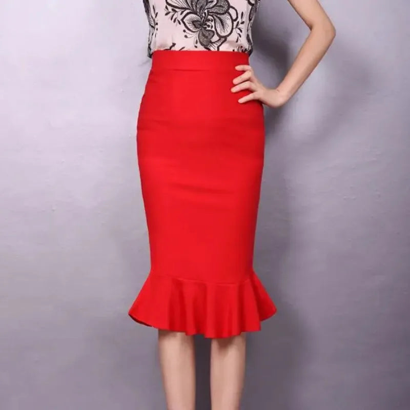 Sizes to 5XL High Waisted Stretchy One Step Pencil Skirt  with Ruffle Hem