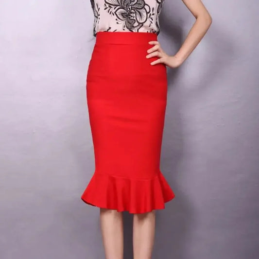 Sizes to 5XL High Waisted Stretchy One Step Pencil Skirt  with Ruffle Hem