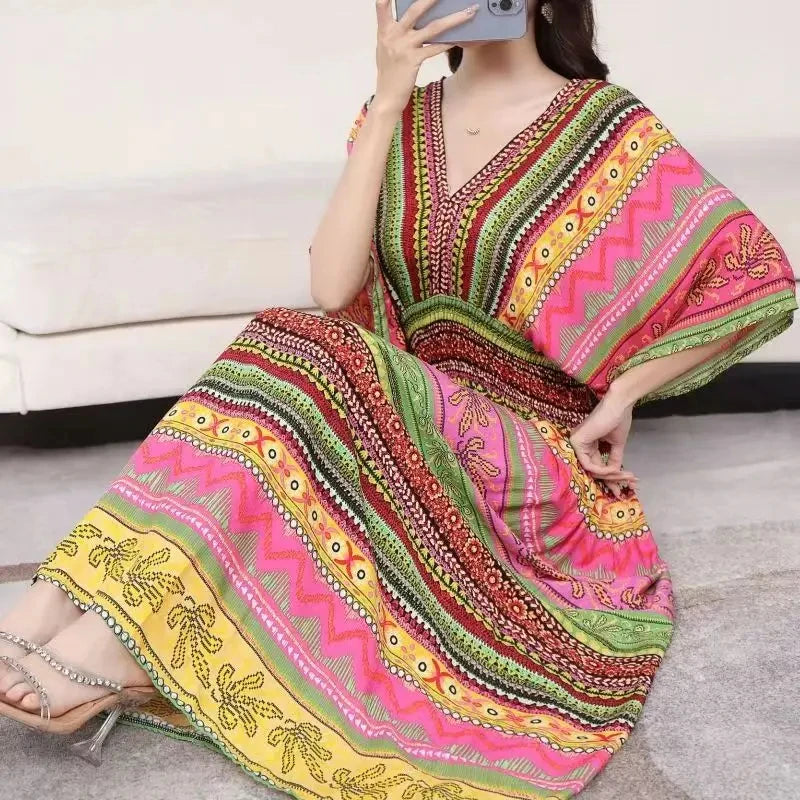 Bohemian Dress, Striped Colorful Flower Print, V-Neck, Elastic Waist, Large Swing Skirt, Batwing Sleeves