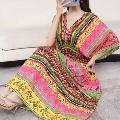 Bohemian Dress, Striped Colorful Flower Print, V-Neck, Elastic Waist, Large Swing Skirt, Batwing Sleeves