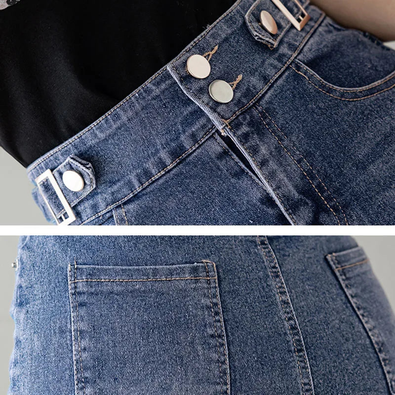 Plus Sizes to 5XL Denim Skirt with Zipper and Button Closure and Pockets.  Comes in Denim blue and Faded Denim Black