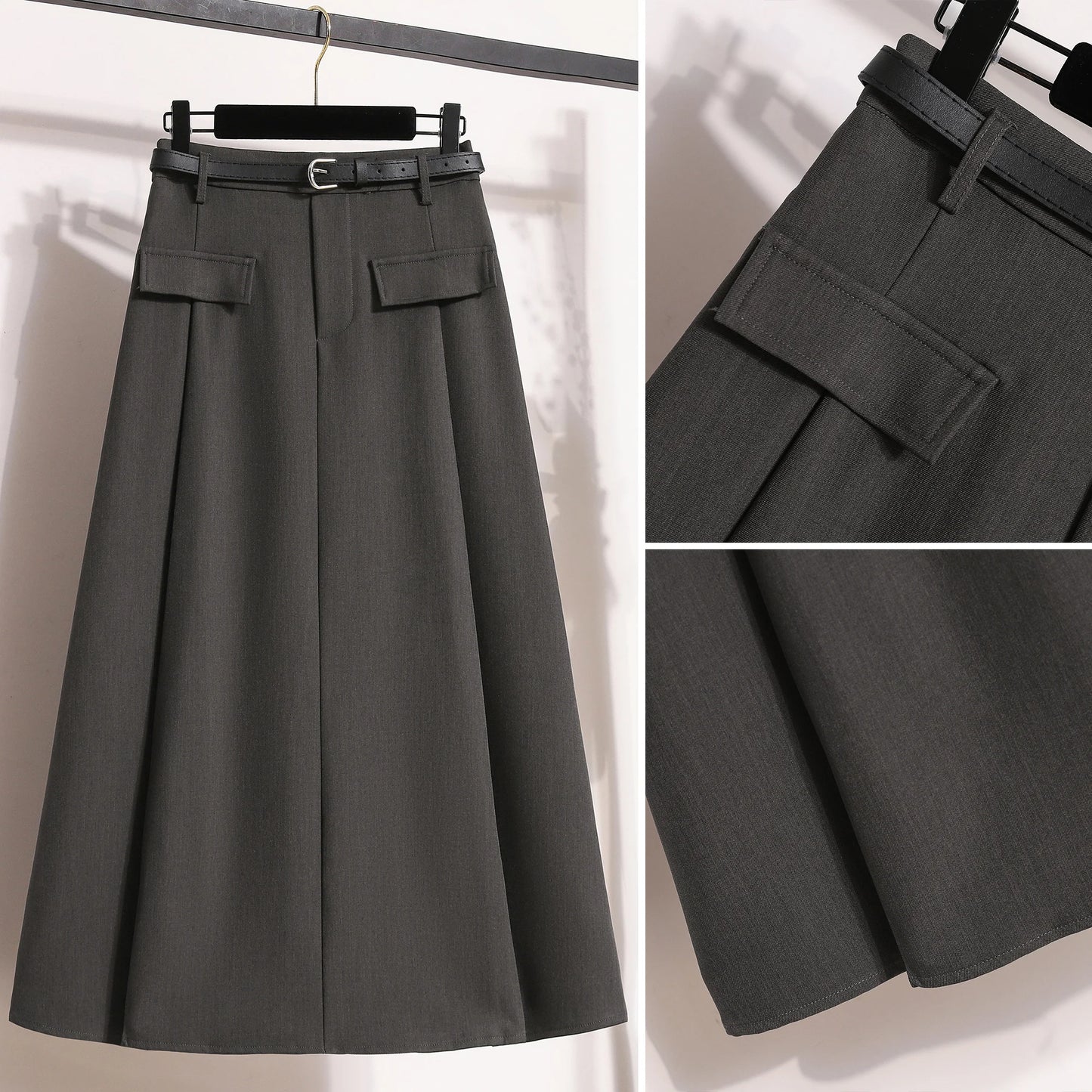 Sizes to 4XL  A-line with Pocket Flaps Solid Simplicity Casual Chic Skirt with Zipper and Elastic Back