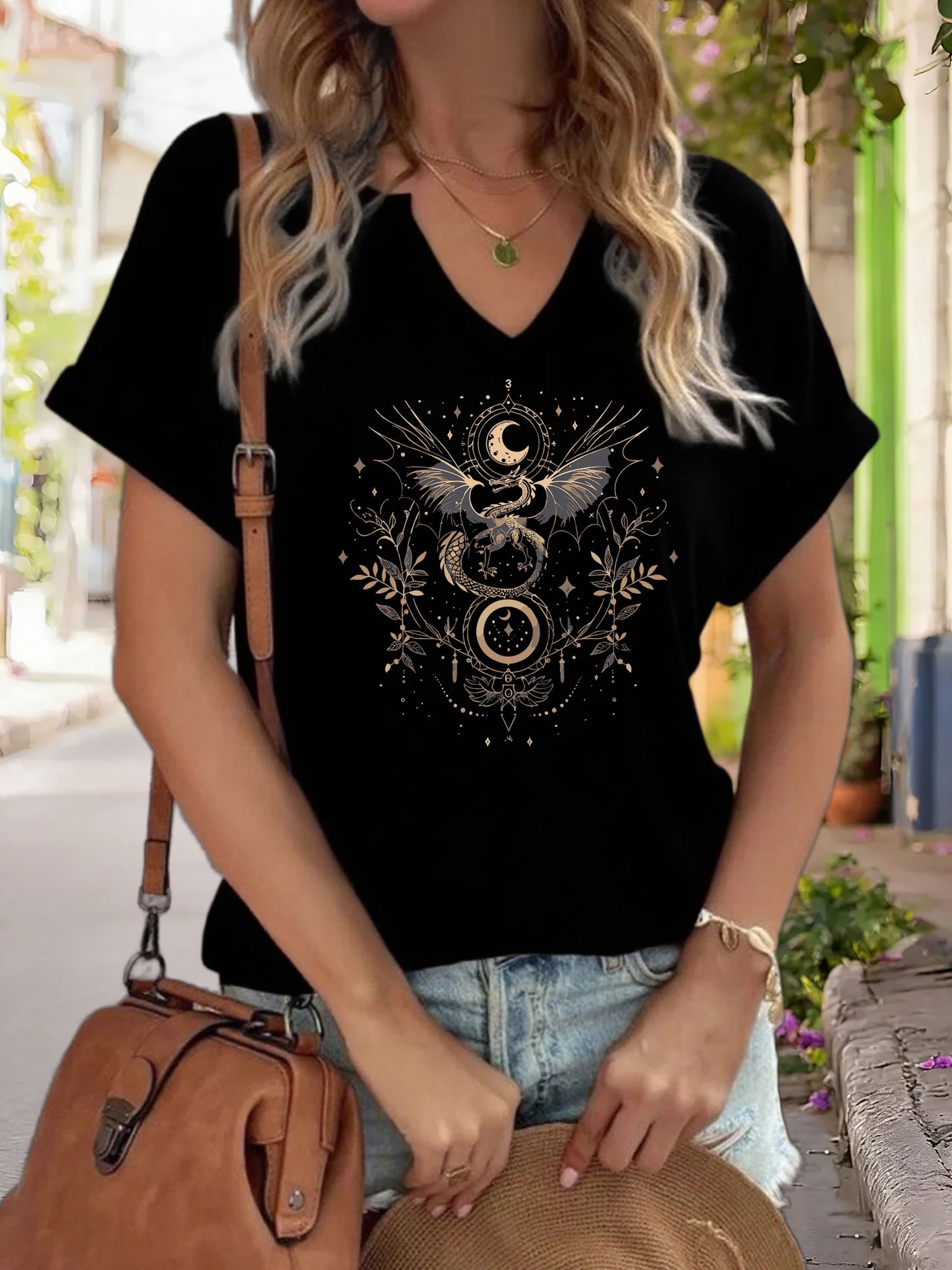 Boho V-Neck "Celestial Dragon & Moon" Graphic Tee, Mystical Floral Print, Casual Short Sleeve