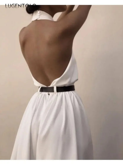 Backless Criss-cross Front, Back Button Halter Jumpsuit, Sleeveless, Slim High Waisted, Long Extra-Wide Leg Pants, Belted