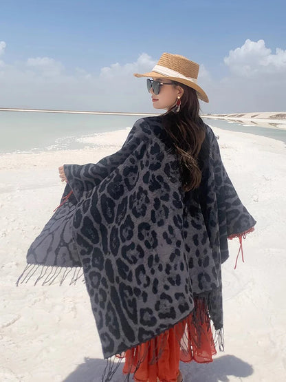 Vintage Boho Leopard Print Soft Over-the-Head Cloaks With Tassels