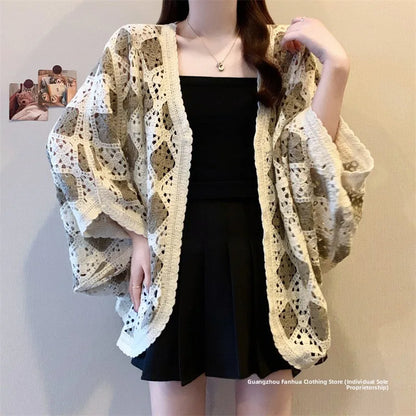 Bohemian Style Hollowed-out Long Sleeve Light Weight Sweater with V Neck and Batwing Sleeves
