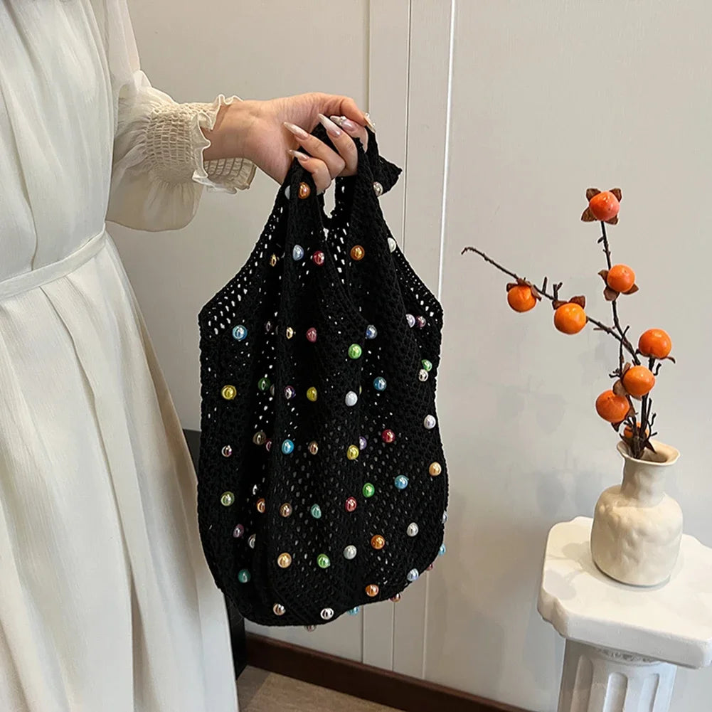 Boho Crochet Bag with Colored Beads Aesthetic Large Capacity Knitted Tote/Handbag Available in 4 Colors