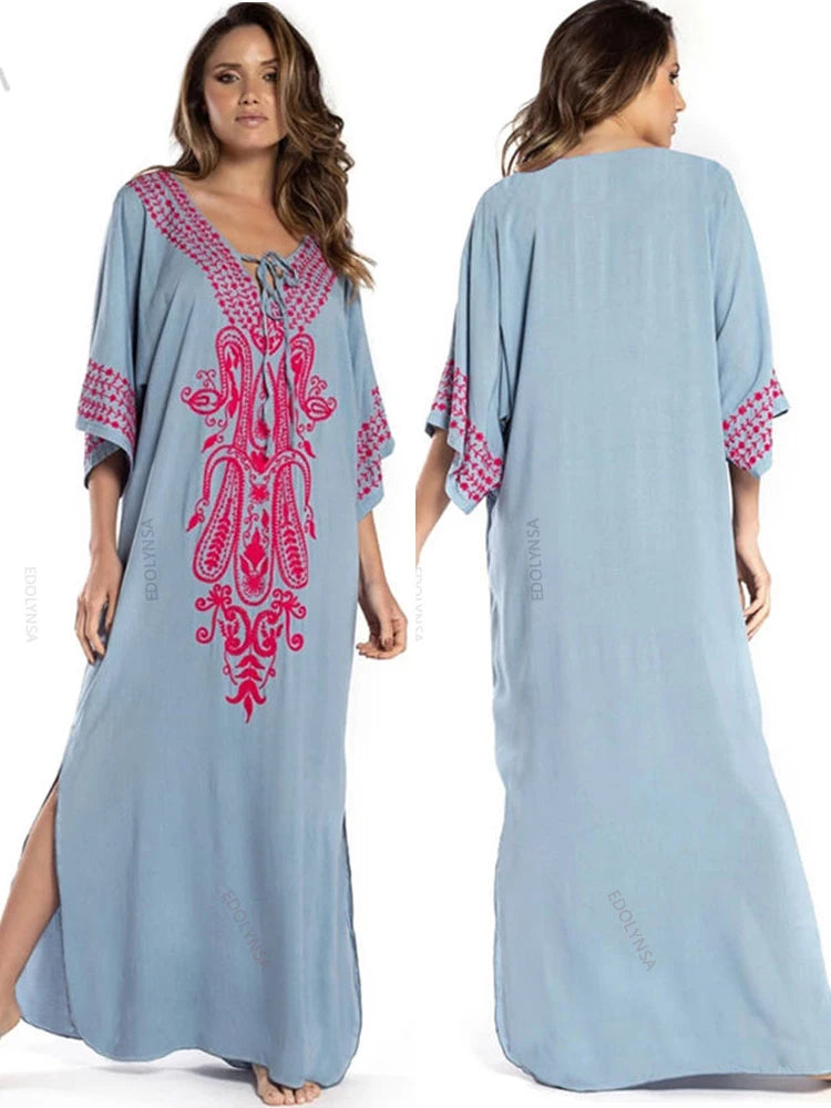 Embroidered 3/4 Sleeve Cotton Kaftan Swimsuit Cover Up Lounging Robe . 14 Designs