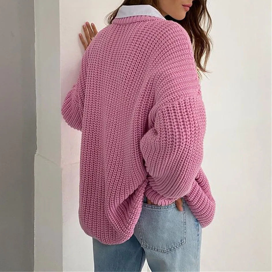 Chunky Knit Oversized Crew-Neck Pullover Sweater, 16 Colors
