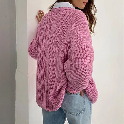 Chunky Knit Oversized Crew-Neck Pullover Sweater, 16 Colors