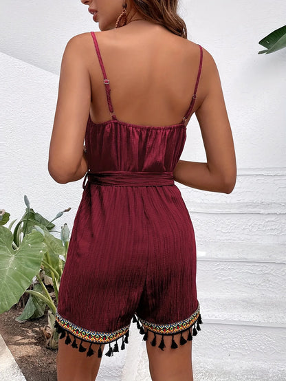Boho Colorful Tassel Trim Text Pure Colorful Trim, and Adjustable Spaghetti Strap Jumpsuit and Sash