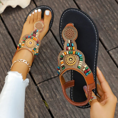 Plus-Sized Beaded Bohemian Sandals  Clip Toe, Flat Sole, Elastic Back Belt, Slip-On Romanesque Sandals