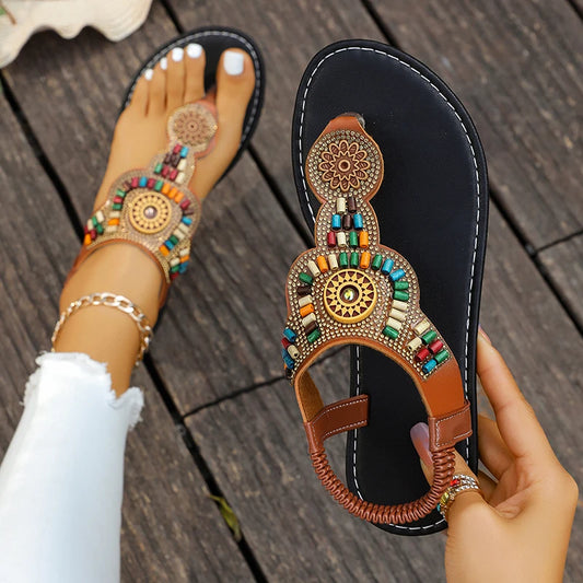 Plus-Sized Beaded Bohemian Sandals  Clip Toe, Flat Sole, Elastic Back Belt, Slip-On Romanesque Sandals