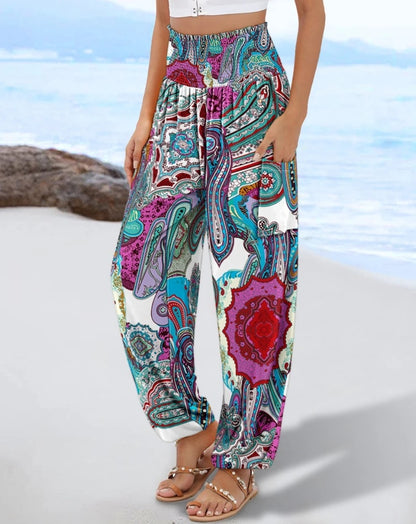 Boho High-Waisted Smocked Harem Pants With 6 Different Floral or Geometric Prints, Side Pockets, and Elastic Cuffs