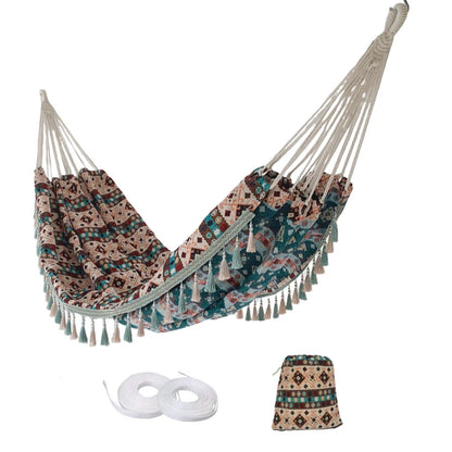 A Bohemian ethnic style outdoor double hammock with a storage bag and binding ropes.