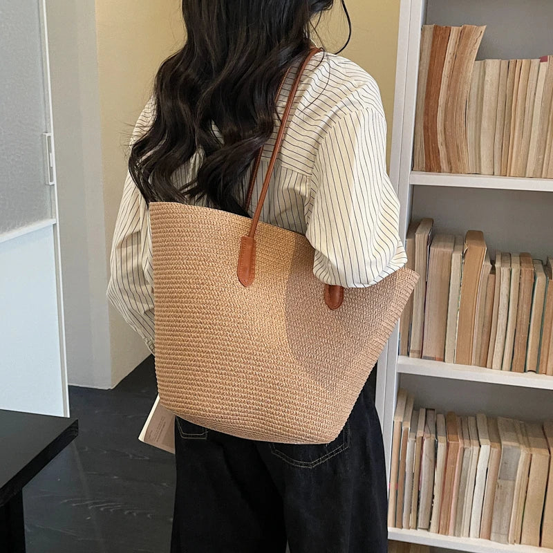 Large Capacity Straw Tote Shopper Bag With Shoulder Straps