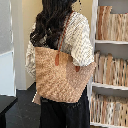 Large Capacity Straw Tote Shopper Bag With Shoulder Straps