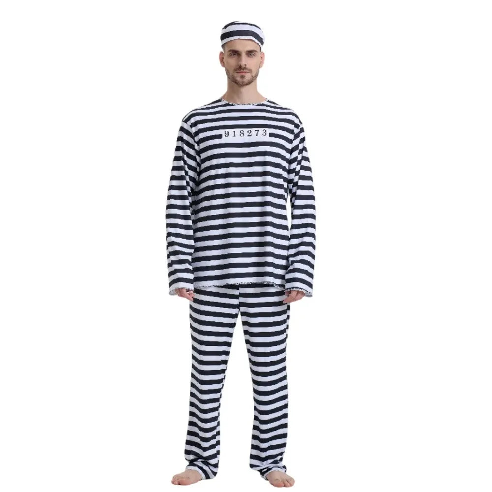 Adult Prisoner Costume Includes Top, Pants, and Headwear