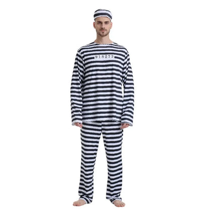 Adult Prisoner Costume Includes Top, Pants, and Headwear
