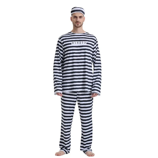 Adult Prisoner Costume Includes Top, Pants, and Headwear