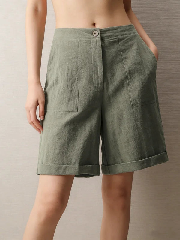 Casual Cotton Linen Knee-Length Shorts, Elastic Waist, Bermuda Shorts with Pockets, in 5 Colors