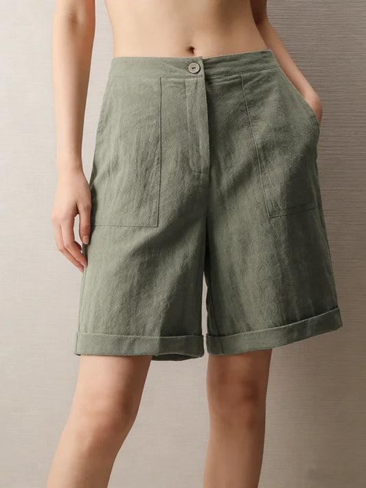 Casual Cotton Linen Knee-Length Shorts, Elastic Waist, Bermuda Shorts with Pockets, in 5 Colors