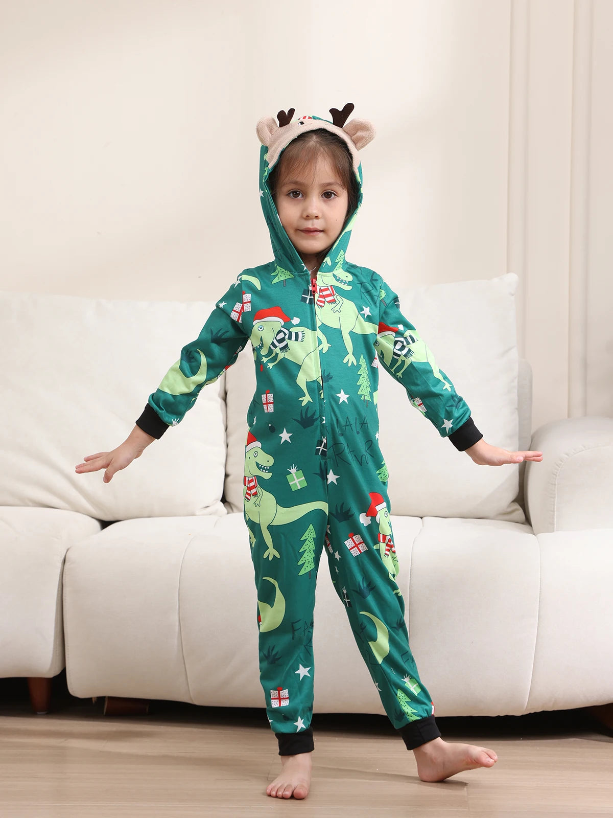 Family Rompers pajamas, hooded, zipper front, long sleeves and long pant legs, Comes in Red and Green