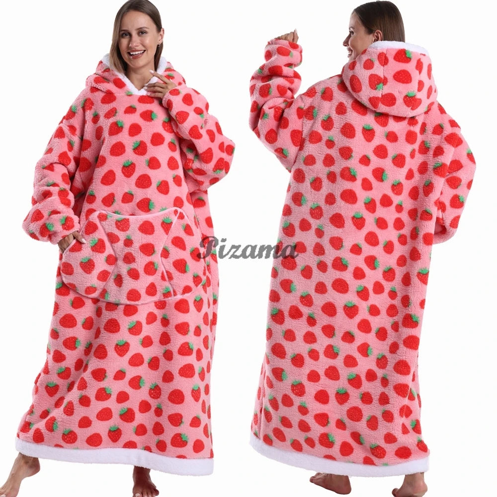 Super Long Flannel Pullover Night Shirt with Pocket and Hood, Super Snuggly for Men and Women, 12 Different Prints
