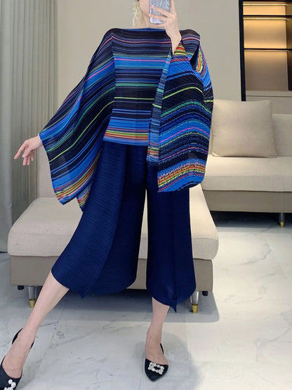 Pleated Striped Shawl, Fashionable Striped, Casual Outerwear, Versatile, Bat Sleeve Cape