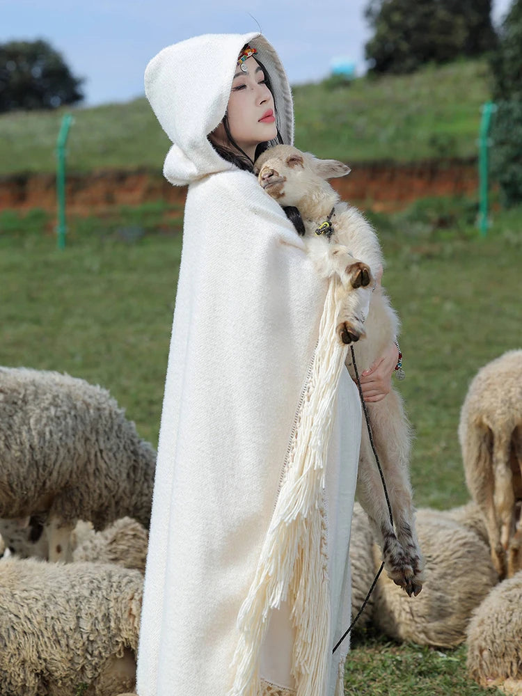 Boho Tassels Handmade Knitted Capes Thick Warm Ethnic Cloak Poncho (Red and Off White)
